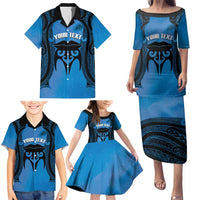 Personalised Moko Kauae New Zealand Family Matching Puletasi and Hawaiian Shirt Maori Chin Tattoo Blue - Polynesian Pride
