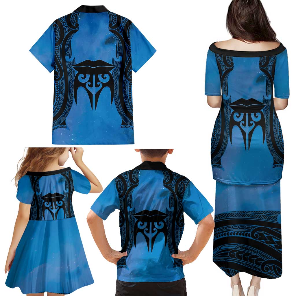 Personalised Moko Kauae New Zealand Family Matching Puletasi and Hawaiian Shirt Maori Chin Tattoo Blue - Polynesian Pride