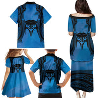 Personalised Moko Kauae New Zealand Family Matching Puletasi and Hawaiian Shirt Maori Chin Tattoo Blue - Polynesian Pride