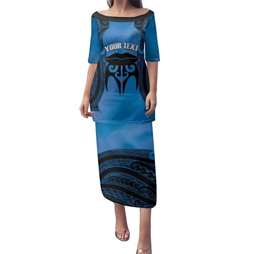 Personalised Moko Kauae New Zealand Family Matching Puletasi and Hawaiian Shirt Maori Chin Tattoo Blue - Polynesian Pride