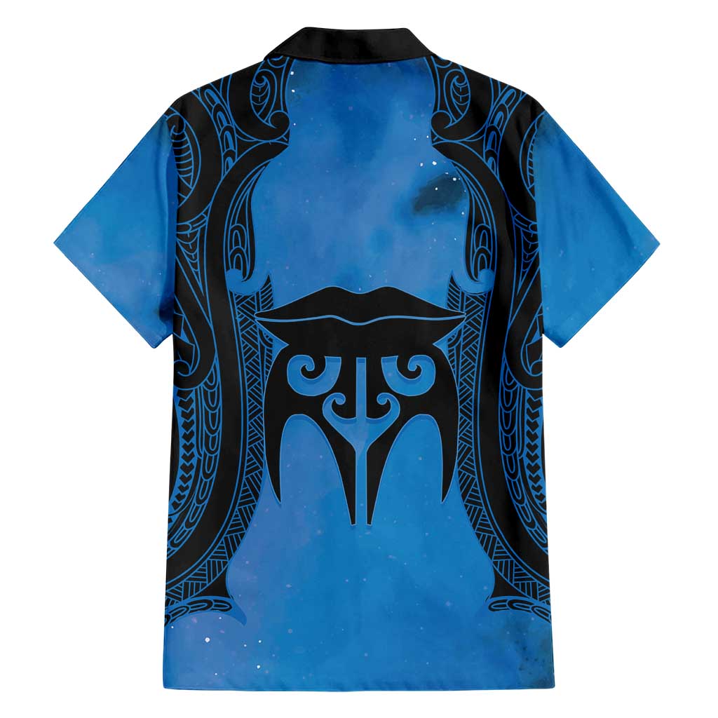 Personalised Moko Kauae New Zealand Family Matching Short Sleeve Bodycon Dress and Hawaiian Shirt Maori Chin Tattoo Blue - Polynesian Pride
