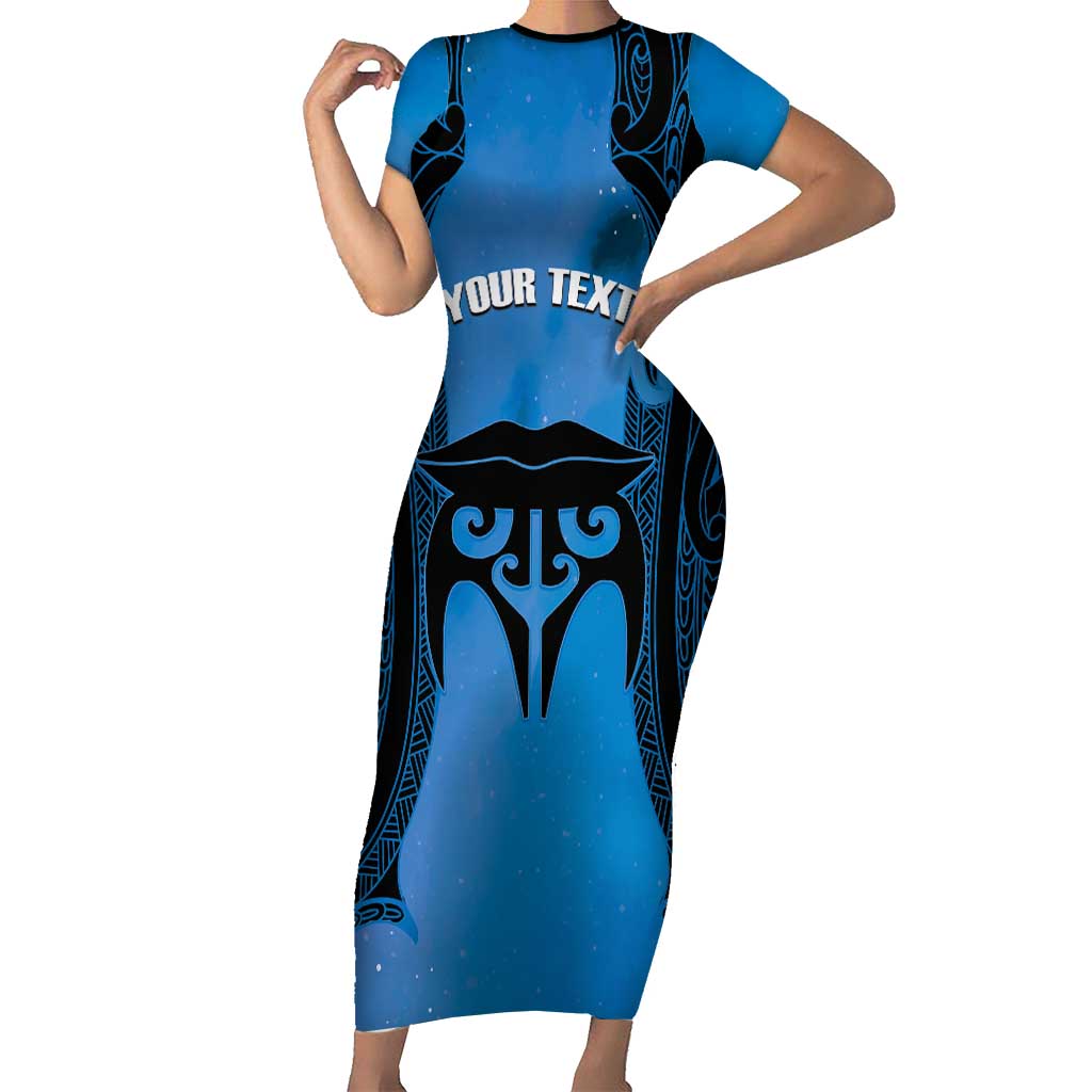 Personalised Moko Kauae New Zealand Family Matching Short Sleeve Bodycon Dress and Hawaiian Shirt Maori Chin Tattoo Blue - Polynesian Pride