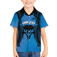 Personalised Moko Kauae New Zealand Family Matching Short Sleeve Bodycon Dress and Hawaiian Shirt Maori Chin Tattoo Blue - Polynesian Pride