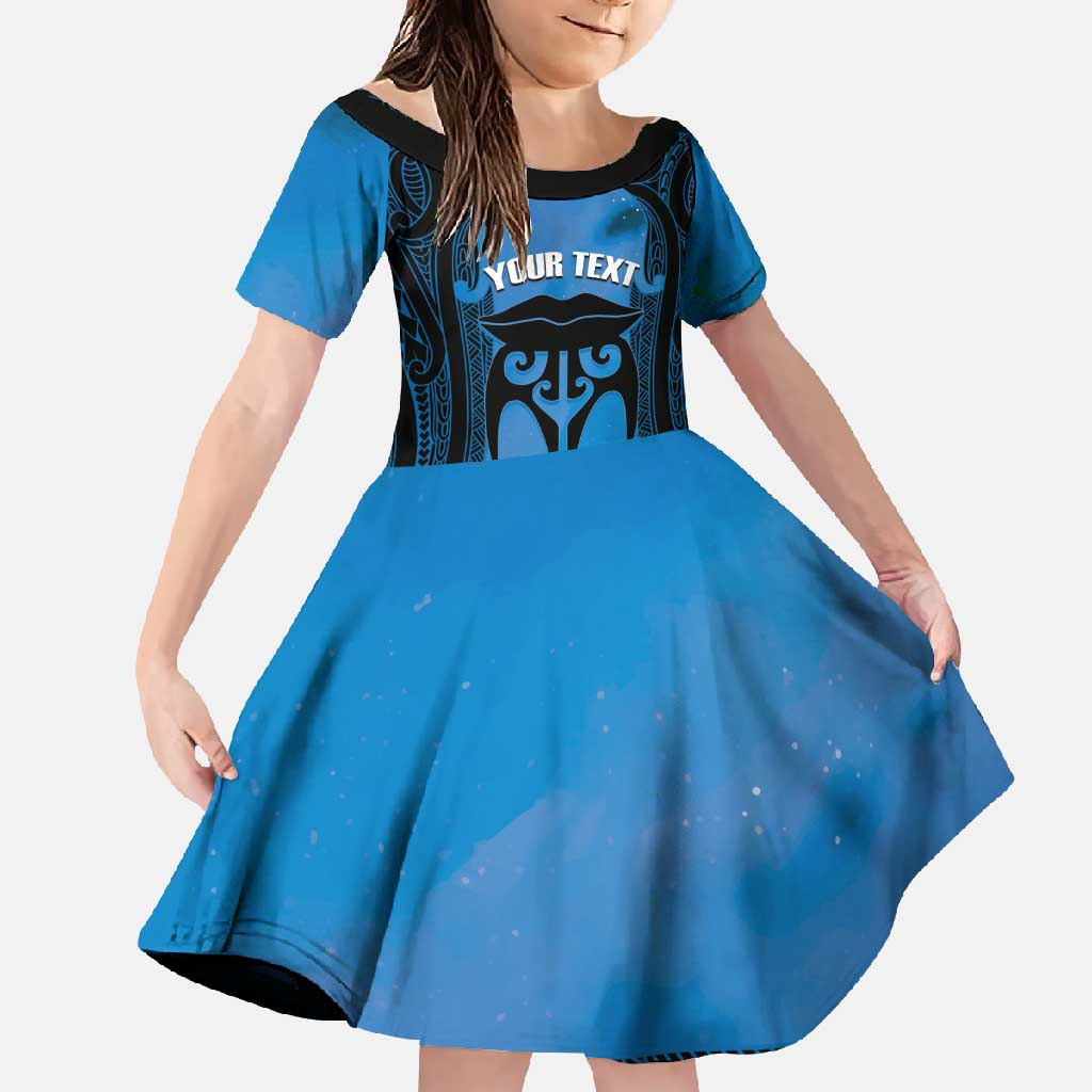 Personalised Moko Kauae New Zealand Family Matching Summer Maxi Dress and Hawaiian Shirt Maori Chin Tattoo Blue - Polynesian Pride