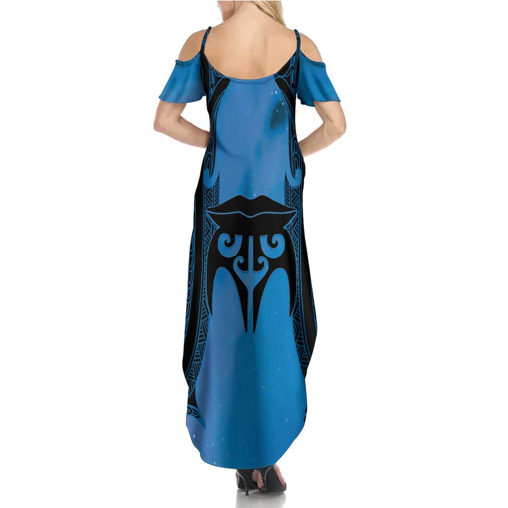 Personalised Moko Kauae New Zealand Family Matching Summer Maxi Dress and Hawaiian Shirt Maori Chin Tattoo Blue - Polynesian Pride
