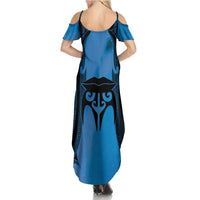 Personalised Moko Kauae New Zealand Family Matching Summer Maxi Dress and Hawaiian Shirt Maori Chin Tattoo Blue - Polynesian Pride