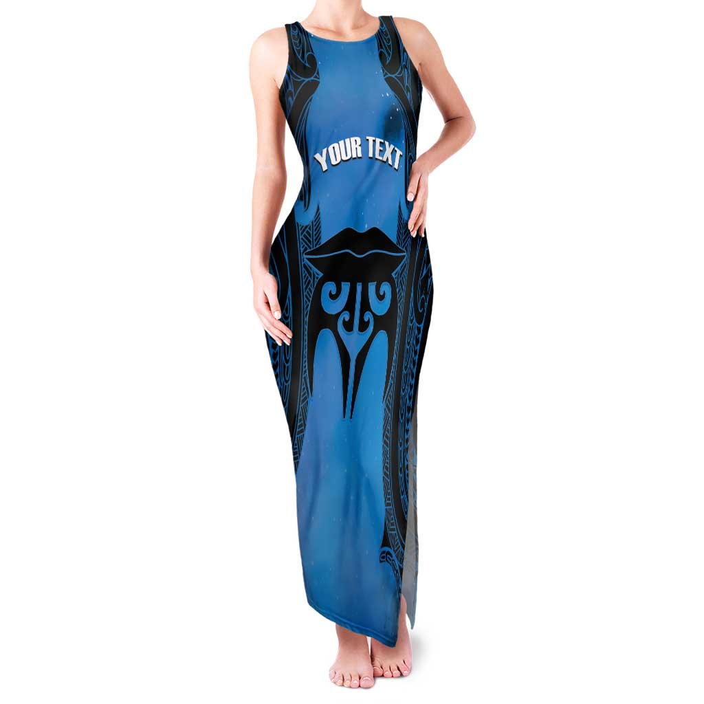 Personalised Moko Kauae New Zealand Family Matching Tank Maxi Dress and Hawaiian Shirt Maori Chin Tattoo Blue - Polynesian Pride