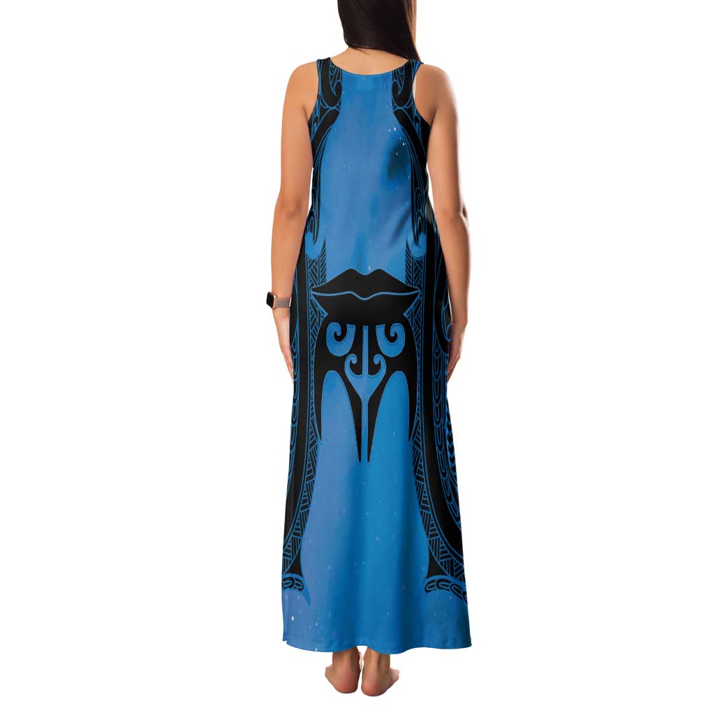 Personalised Moko Kauae New Zealand Family Matching Tank Maxi Dress and Hawaiian Shirt Maori Chin Tattoo Blue - Polynesian Pride