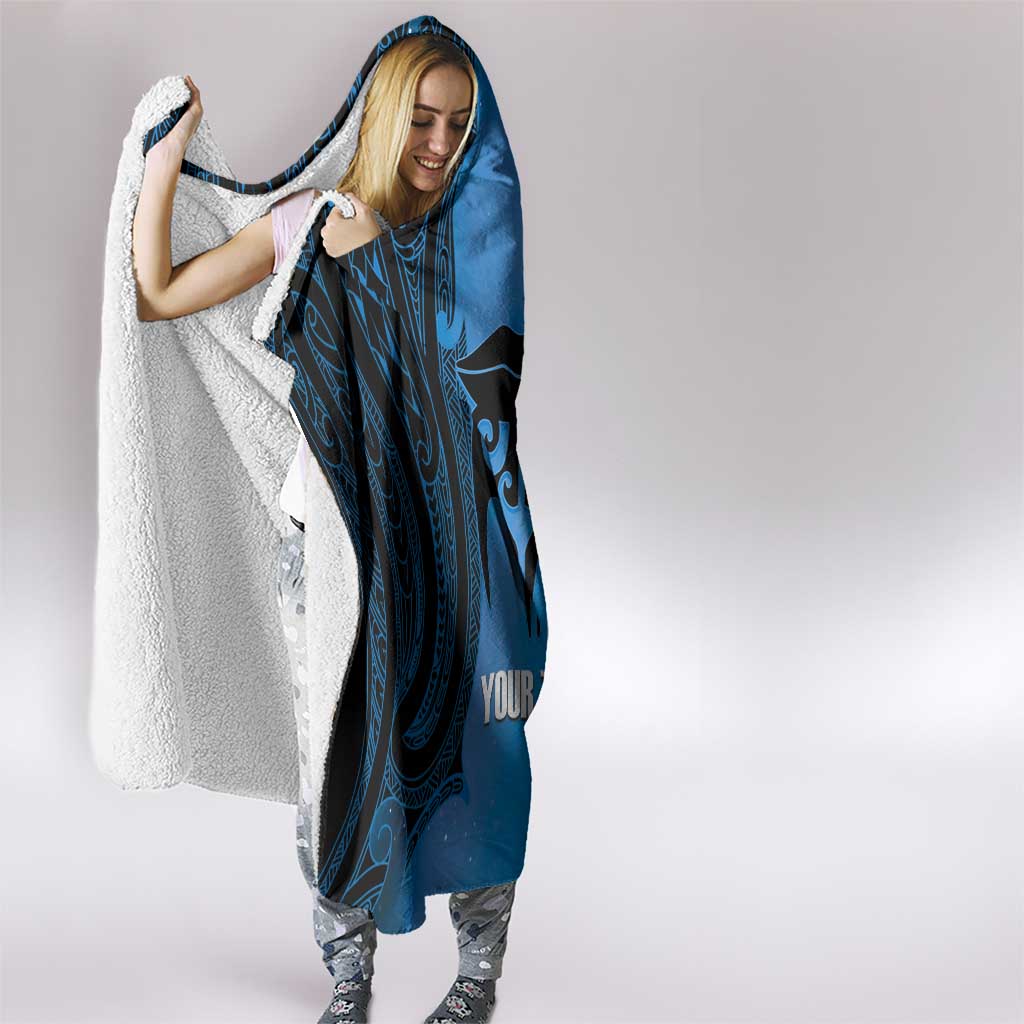 Personalised Moko Kauae New Zealand Hooded Blanket Maori Chin Tattoo Blue - Polynesian Pride