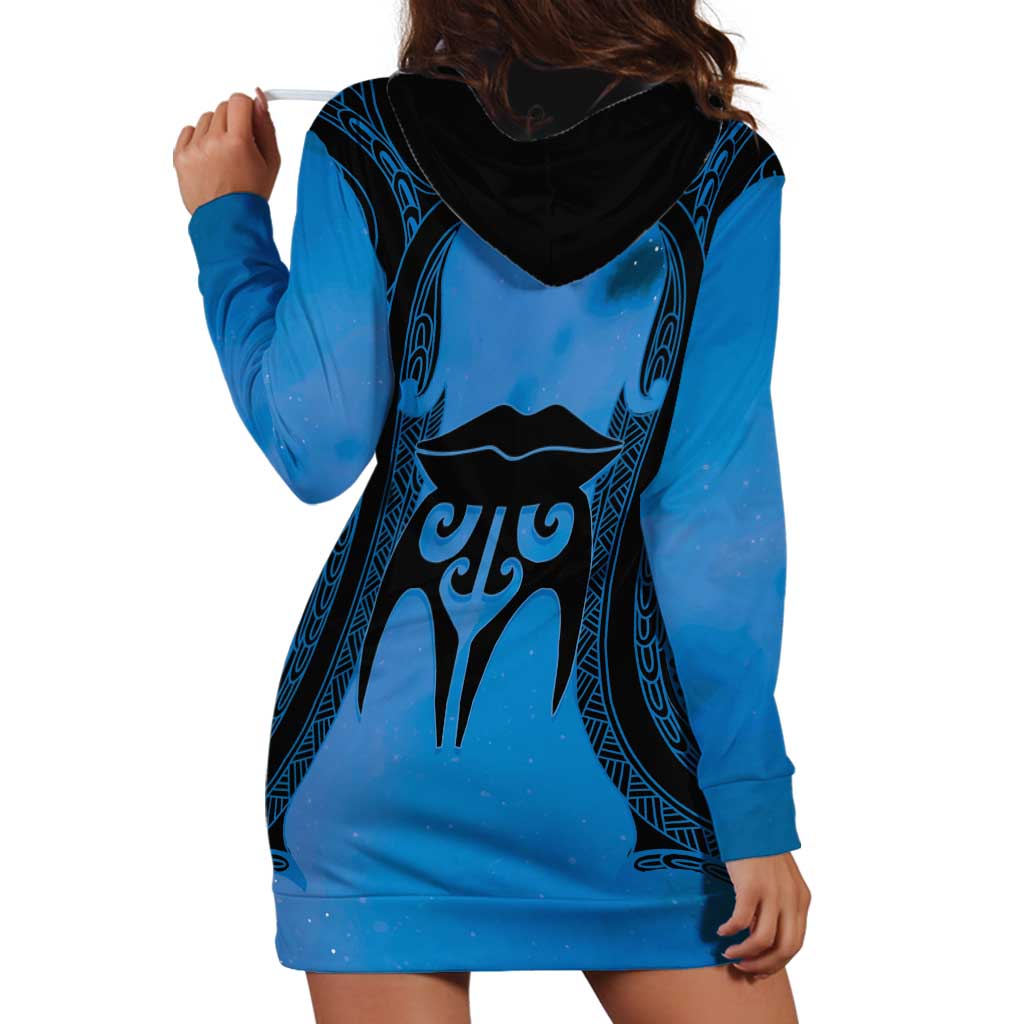 Personalised Moko Kauae New Zealand Hoodie Dress Maori Chin Tattoo Blue - Polynesian Pride
