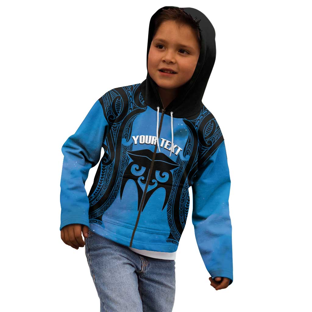 Personalised Moko Kauae New Zealand Kid Hoodie Maori Chin Tattoo Blue - Polynesian Pride