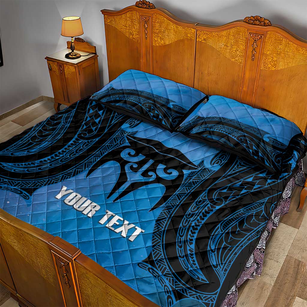 Personalised Moko Kauae New Zealand Quilt Bed Set Maori Chin Tattoo Blue - Polynesian Pride