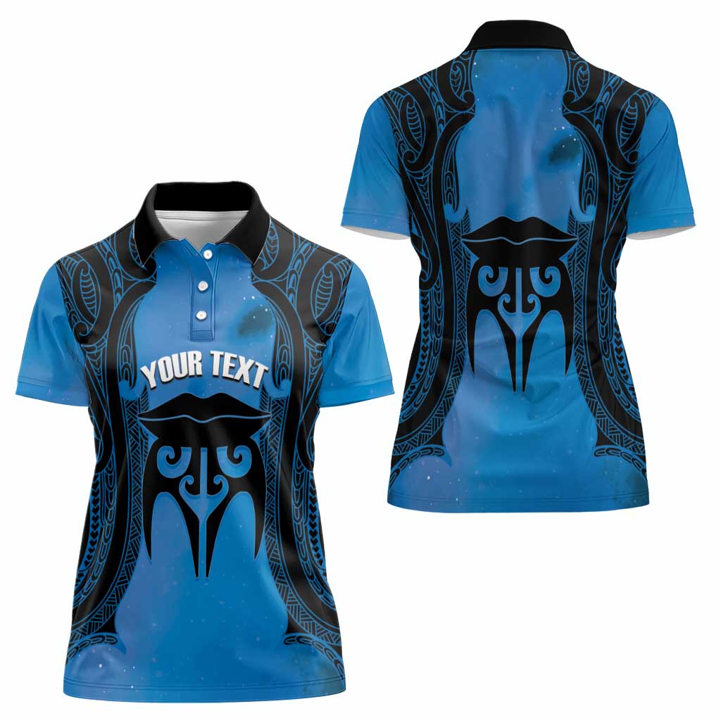 Personalised Moko Kauae New Zealand Women Polo Shirt Maori Chin Tattoo Blue - Polynesian Pride
