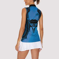 Personalised Moko Kauae New Zealand Women Sleeveless Polo Shirt Maori Chin Tattoo Blue - Polynesian Pride