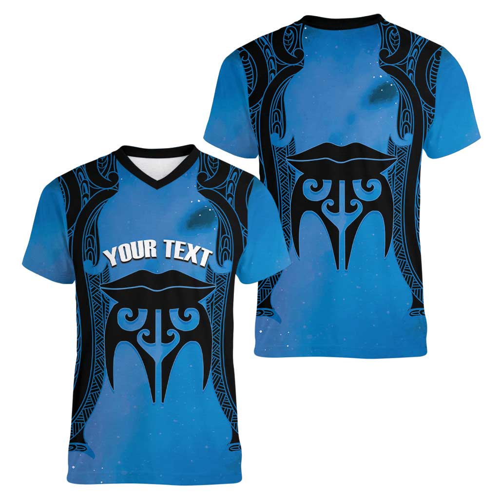 Personalised Moko Kauae New Zealand Women V-Neck T-Shirt Maori Chin Tattoo Blue - Polynesian Pride