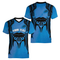 Personalised Moko Kauae New Zealand Women V-Neck T-Shirt Maori Chin Tattoo Blue - Polynesian Pride