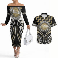 Aotearoa Waikato Tainui Personalised Couples Matching Off The Shoulder Long Sleeve Dress and Hawaiian Shirt Maori Iwi Poutama Puhoro Tattoo LT14 Old Yellow - Polynesian Pride