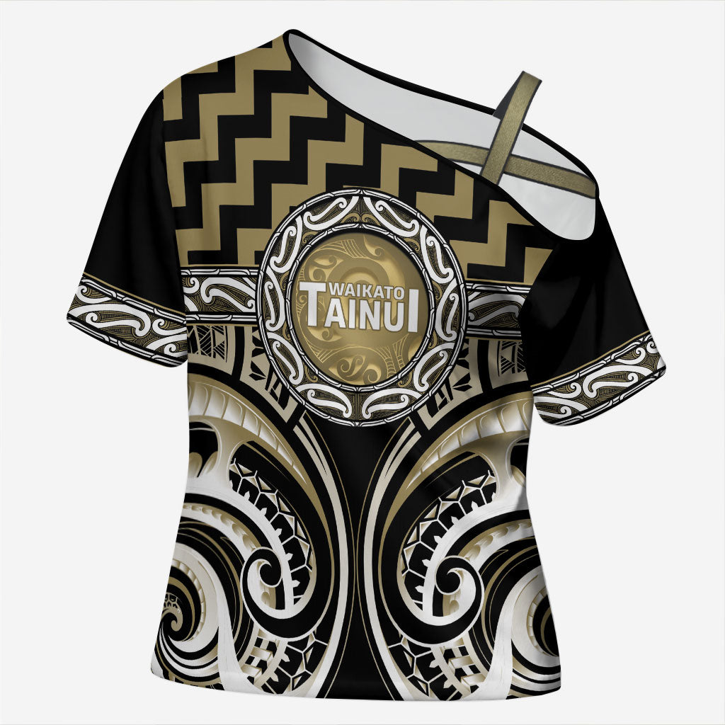 Aotearoa Waikato Tainui Personalised Cross Shoulder Shirt Maori Iwi Poutama Puhoro Tattoo LT14 Female Old Yellow - Polynesian Pride
