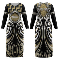 Aotearoa Waikato Tainui Personalised Family Matching Long Sleeve Bodycon Dress and Hawaiian Shirt Maori Iwi Poutama Puhoro Tattoo LT14 Mom's Dress Old Yellow - Polynesian Pride