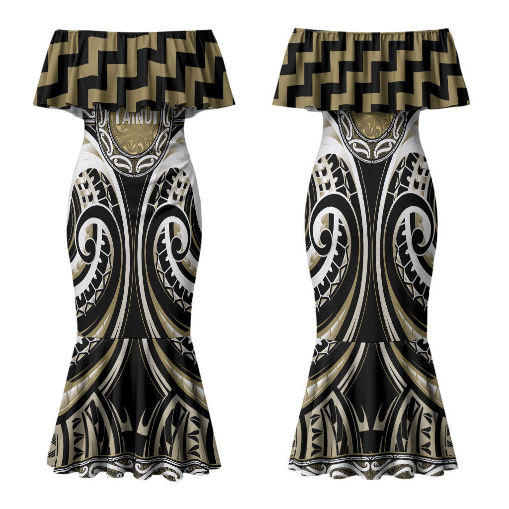 Aotearoa Waikato Tainui Personalised Family Matching Mermaid Dress and Hawaiian Shirt Maori Iwi Poutama Puhoro Tattoo LT14 Mom's Dress Old Yellow - Polynesian Pride