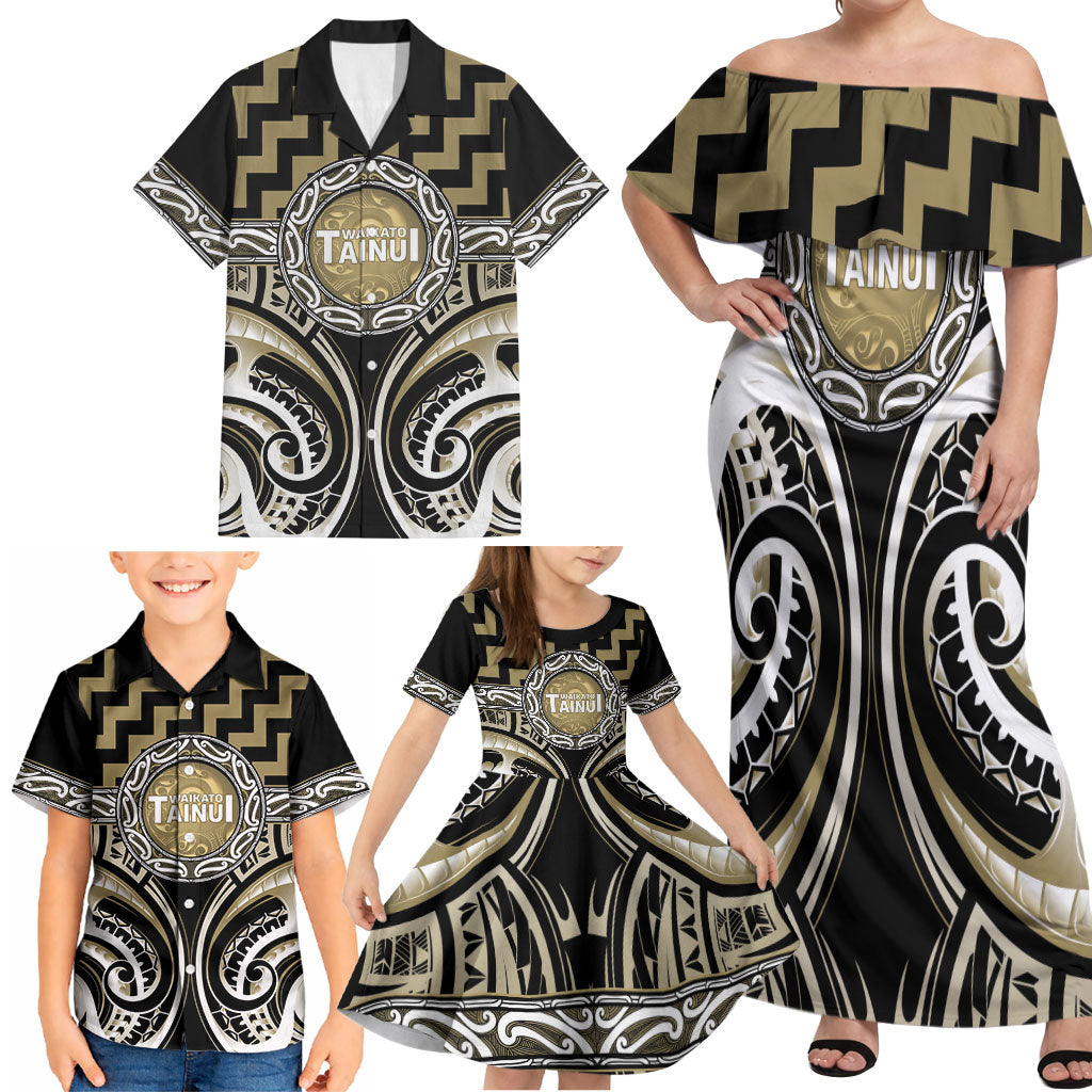 Aotearoa Waikato Tainui Personalised Family Matching Off Shoulder Maxi Dress and Hawaiian Shirt Maori Iwi Poutama Puhoro Tattoo LT14 - Polynesian Pride