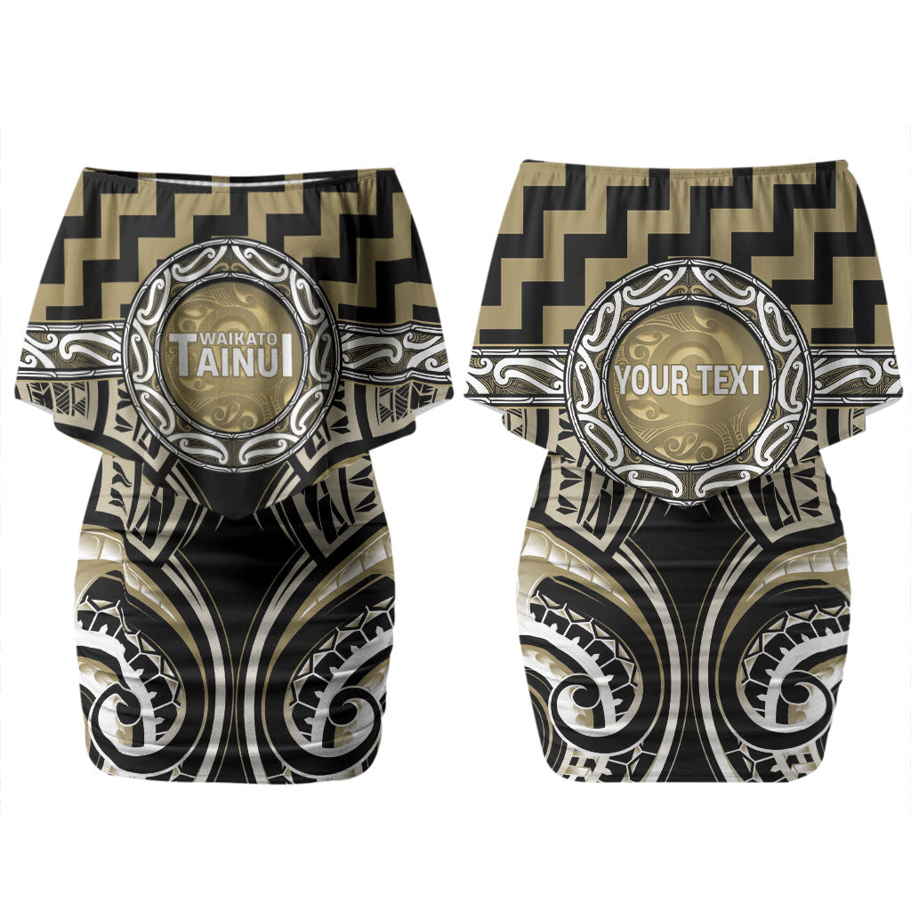 Aotearoa Waikato Tainui Personalised Family Matching Off Shoulder Short Dress and Hawaiian Shirt Maori Iwi Poutama Puhoro Tattoo LT14 Mom's Dress Old Yellow - Polynesian Pride