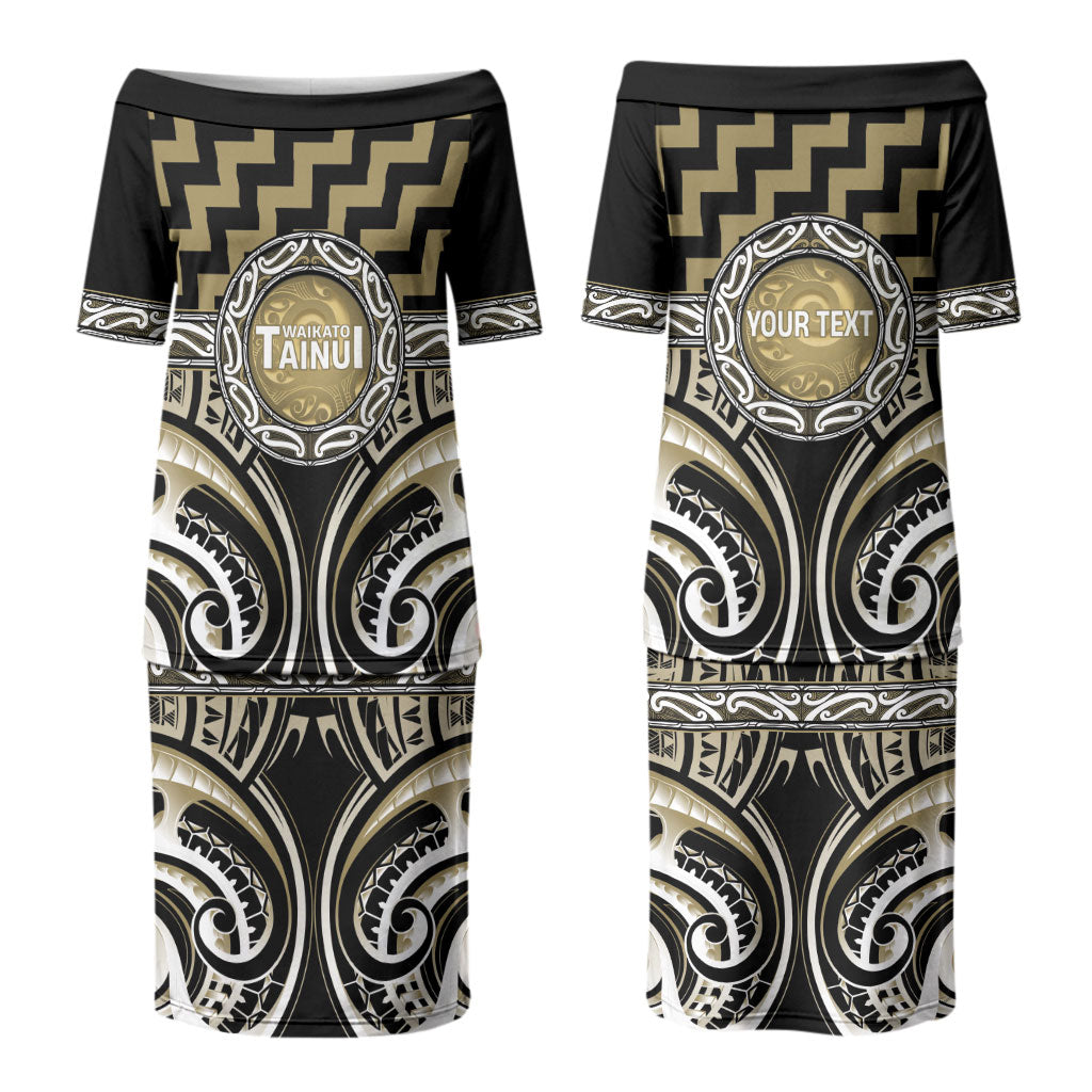 Aotearoa Waikato Tainui Personalised Family Matching Puletasi and Hawaiian Shirt Maori Iwi Poutama Puhoro Tattoo LT14 Mom's Dress Old Yellow - Polynesian Pride