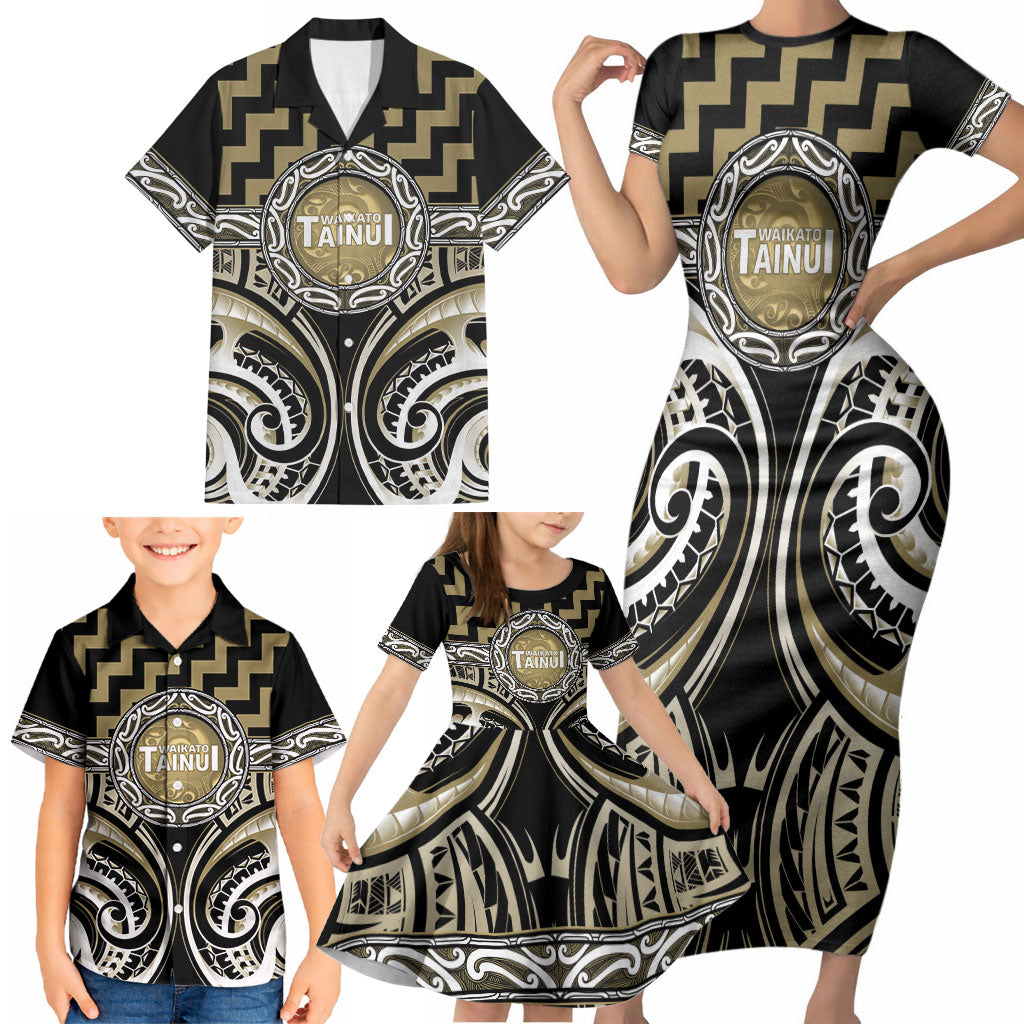 Aotearoa Waikato Tainui Personalised Family Matching Short Sleeve Bodycon Dress and Hawaiian Shirt Maori Iwi Poutama Puhoro Tattoo LT14 - Polynesian Pride