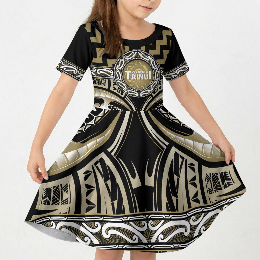 Aotearoa Waikato Tainui Personalised Kid Short Sleeve Dress Maori Iwi Poutama Puhoro Tattoo