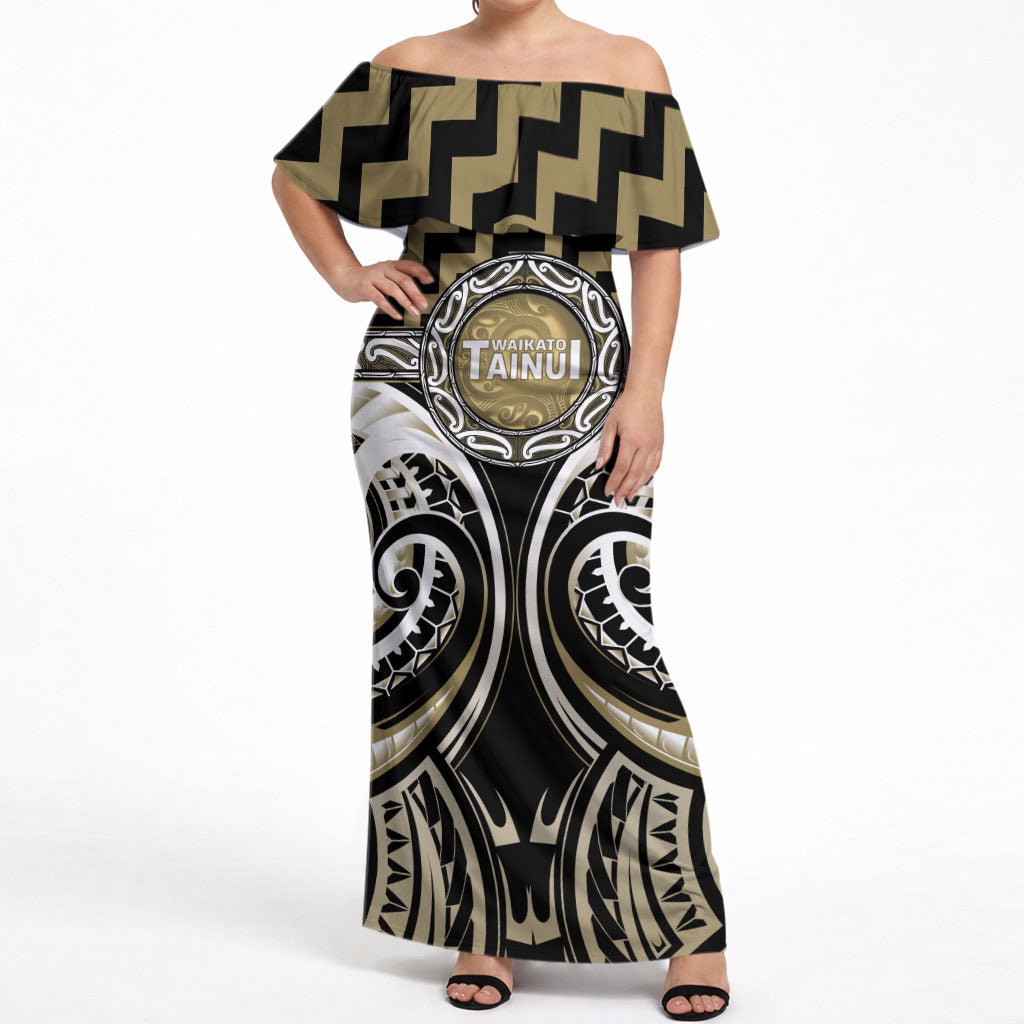 Aotearoa Waikato Tainui Personalised Off Shoulder Maxi Dress Maori Iwi Poutama Puhoro Tattoo LT14 Women Old Yellow - Polynesian Pride