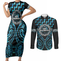 Aotearoa Ngati Kahungunu Personalised Couples Matching Short Sleeve Bodycon Dress and Long Sleeve Button Shirt Maori Iwi Poutama Puhoro Tattoo LT14 Turquoise - Polynesian Pride
