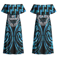 Aotearoa Ngati Kahungunu Personalised Family Matching Off Shoulder Maxi Dress and Hawaiian Shirt Maori Iwi Poutama Puhoro Tattoo LT14 Mom's Dress Turquoise - Polynesian Pride