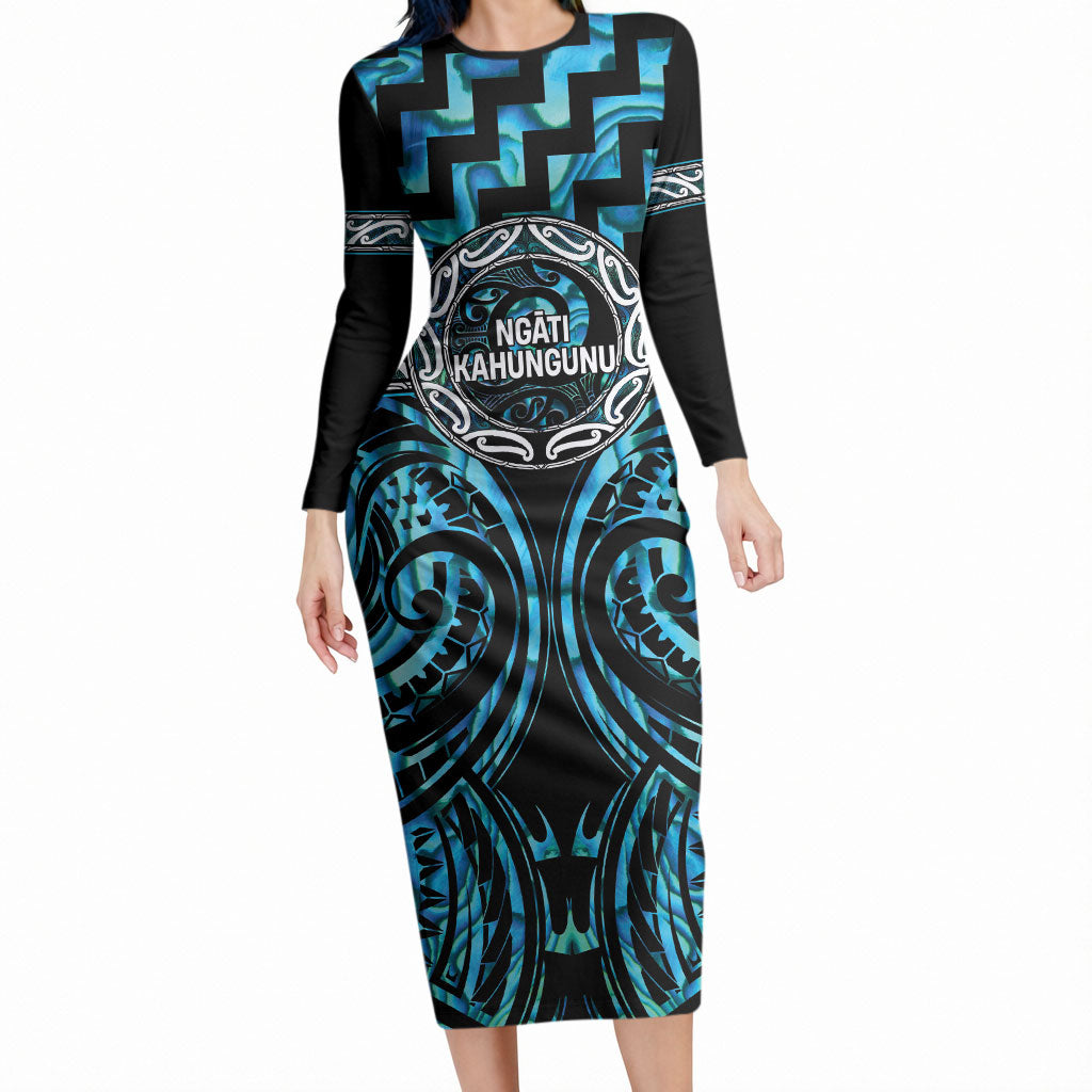 Aotearoa Ngati Kahungunu Personalised Long Sleeve Bodycon Dress Maori Iwi Poutama Puhoro Tattoo