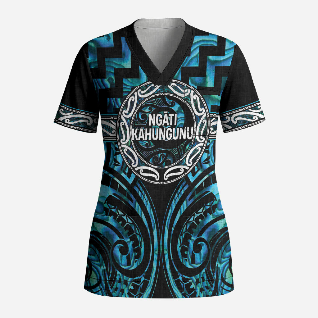 Aotearoa Ngati Kahungunu Personalised Scrub Top Maori Iwi Poutama Puhoro Tattoo LT14 Adult Turquoise - Polynesian Pride