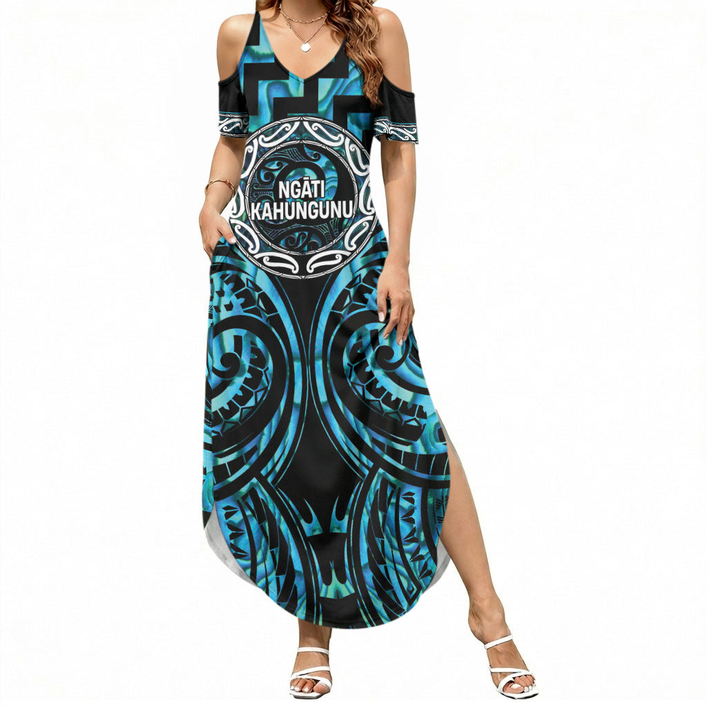 Aotearoa Ngati Kahungunu Personalised Summer Maxi Dress Maori Iwi Poutama Puhoro Tattoo LT14 Women Turquoise - Polynesian Pride