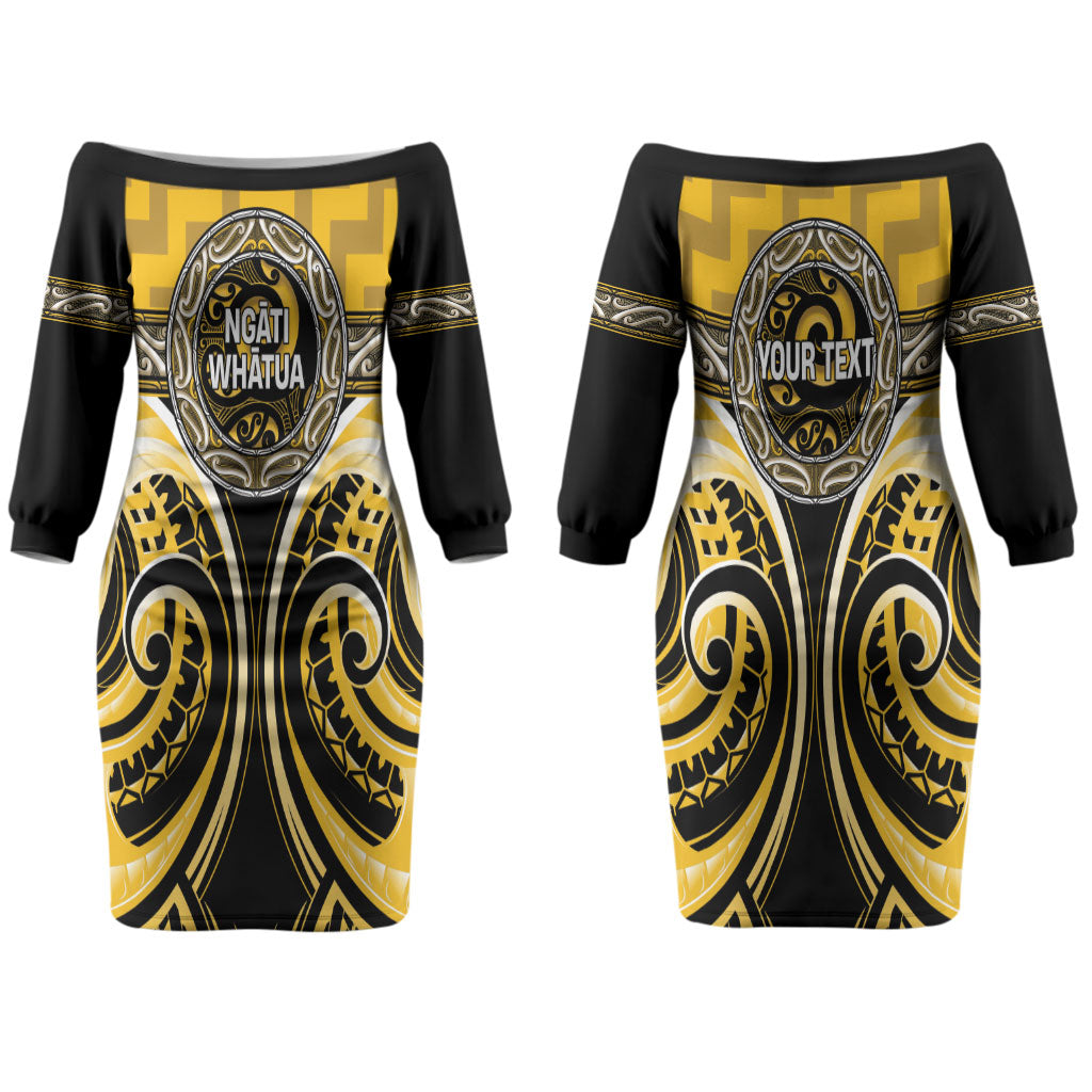 Aotearoa Ngati Whatua Personalised Couples Matching Off The Shoulder Long Sleeve Dress and Hawaiian Shirt Maori Iwi Poutama Puhoro Tattoo LT14 - Polynesian Pride