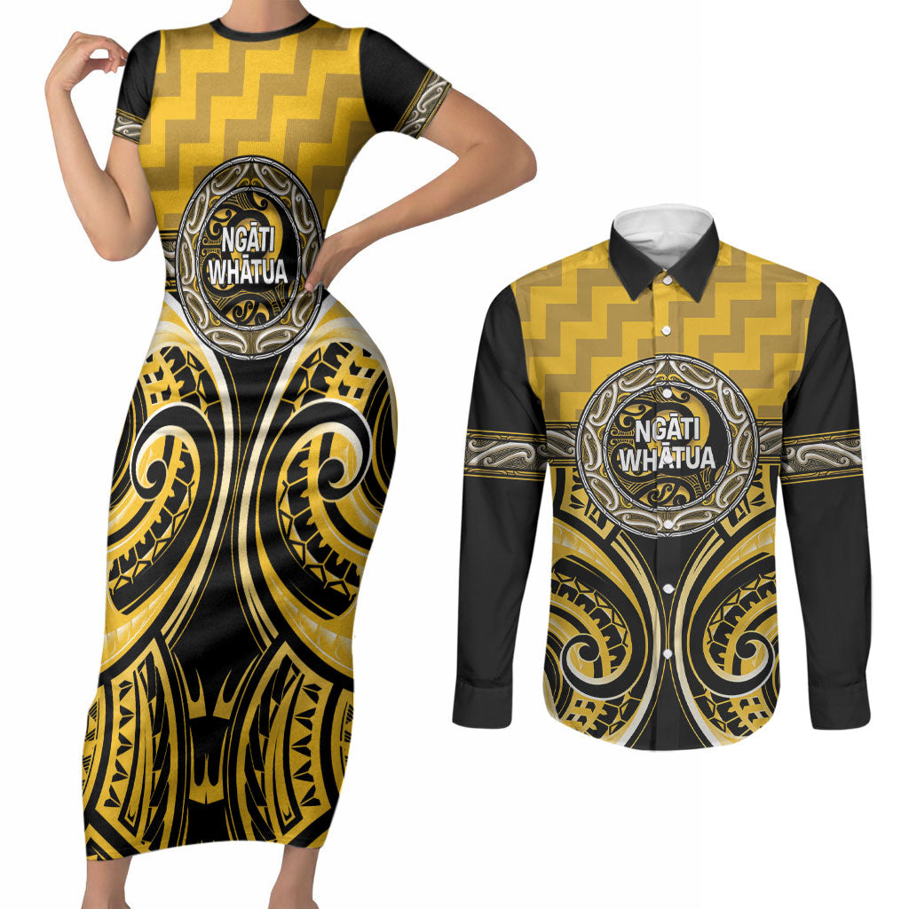 Aotearoa Ngati Whatua Personalised Couples Matching Short Sleeve Bodycon Dress and Long Sleeve Button Shirt Maori Iwi Poutama Puhoro Tattoo LT14 Yellow - Polynesian Pride