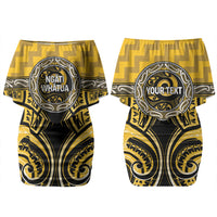 Aotearoa Ngati Whatua Personalised Family Matching Off Shoulder Short Dress and Hawaiian Shirt Maori Iwi Poutama Puhoro Tattoo LT14 Mom's Dress Yellow - Polynesian Pride