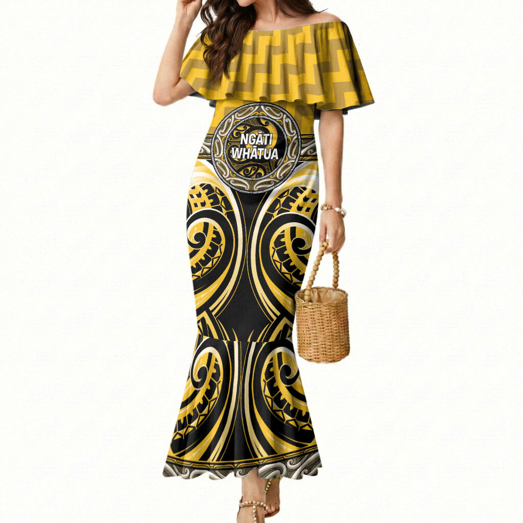 Aotearoa Ngati Whatua Personalised Mermaid Dress Maori Iwi Poutama Puhoro Tattoo LT14 Women Yellow - Polynesian Pride