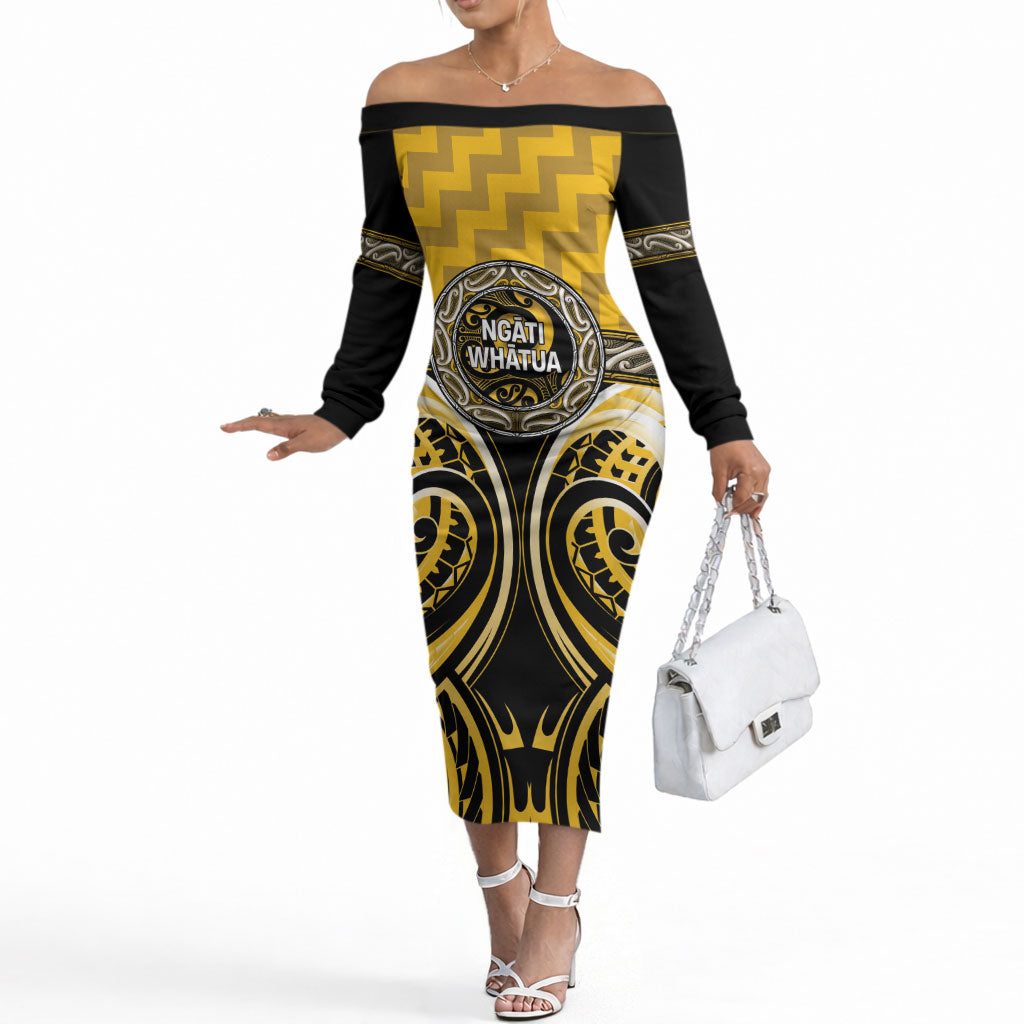 Aotearoa Ngati Whatua Personalised Off The Shoulder Long Sleeve Dress Maori Iwi Poutama Puhoro Tattoo