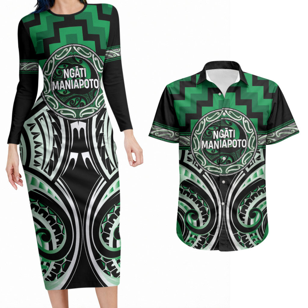Aotearoa Ngati Maniapoto Personalised Couples Matching Long Sleeve Bodycon Dress and Hawaiian Shirt Maori Iwi Poutama Puhoro Tattoo LT14 Green - Polynesian Pride
