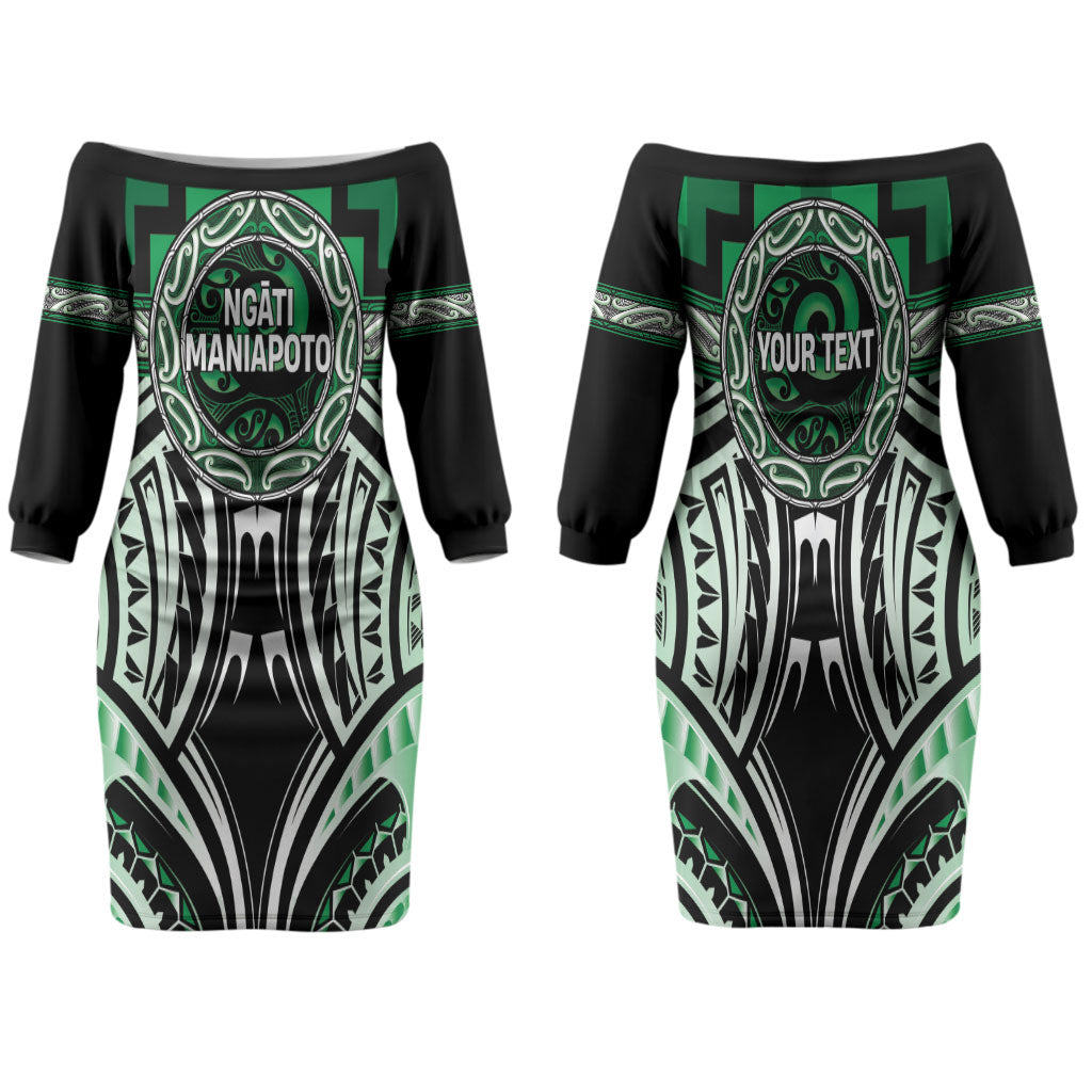 Aotearoa Ngati Maniapoto Personalised Family Matching Off The Shoulder Long Sleeve Dress and Hawaiian Shirt Maori Iwi Poutama Puhoro Tattoo LT14 Mom's Dress Green - Polynesian Pride