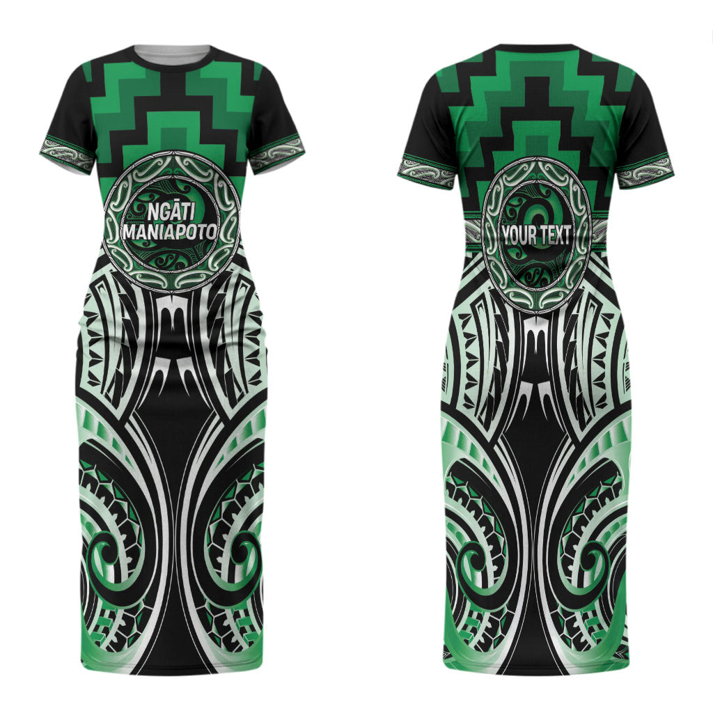 Aotearoa Ngati Maniapoto Personalised Family Matching Short Sleeve Bodycon Dress and Hawaiian Shirt Maori Iwi Poutama Puhoro Tattoo LT14 Mom's Dress Green - Polynesian Pride