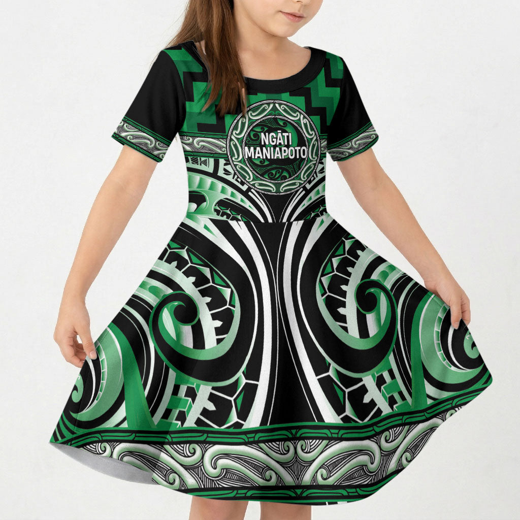 Aotearoa Ngati Maniapoto Personalised Kid Short Sleeve Dress Maori Iwi Poutama Puhoro Tattoo