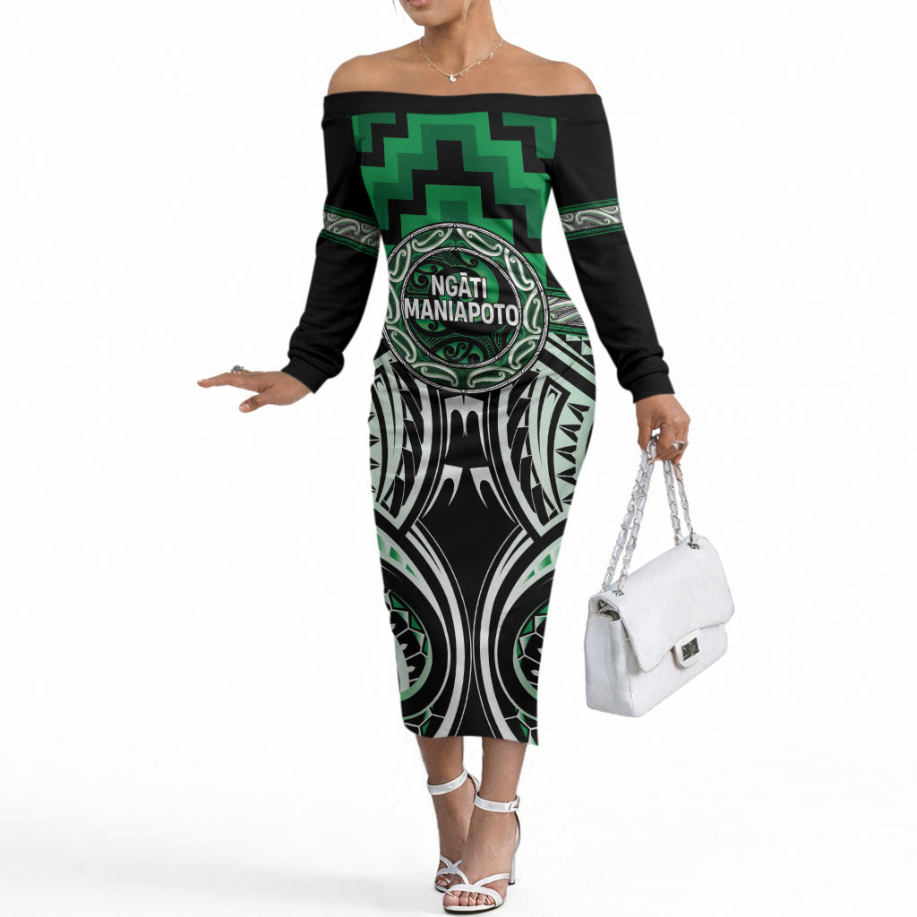 Aotearoa Ngati Maniapoto Personalised Off The Shoulder Long Sleeve Dress Maori Iwi Poutama Puhoro Tattoo