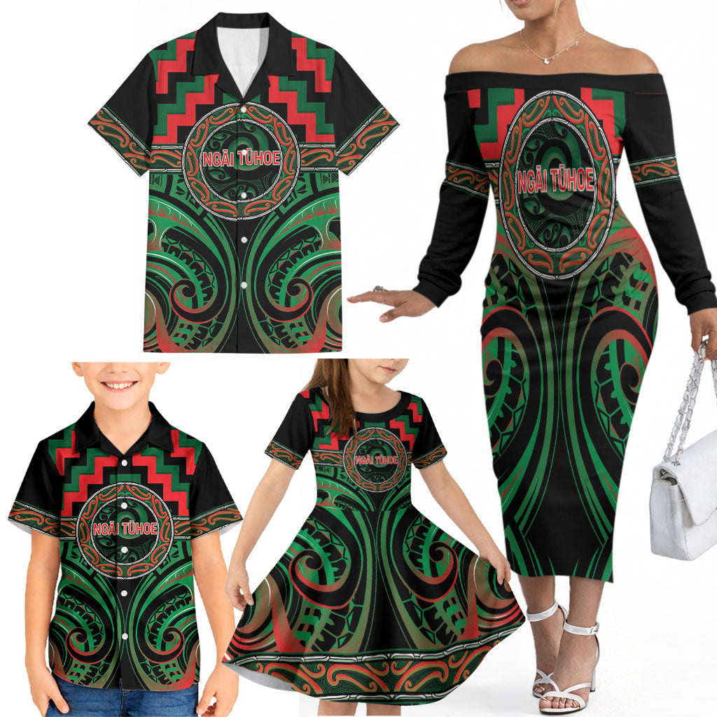 Aotearoa Ngai Tuhoe Personalised Family Matching Off The Shoulder Long Sleeve Dress and Hawaiian Shirt Maori Iwi Poutama Puhoro Tattoo LT14 - Polynesian Pride