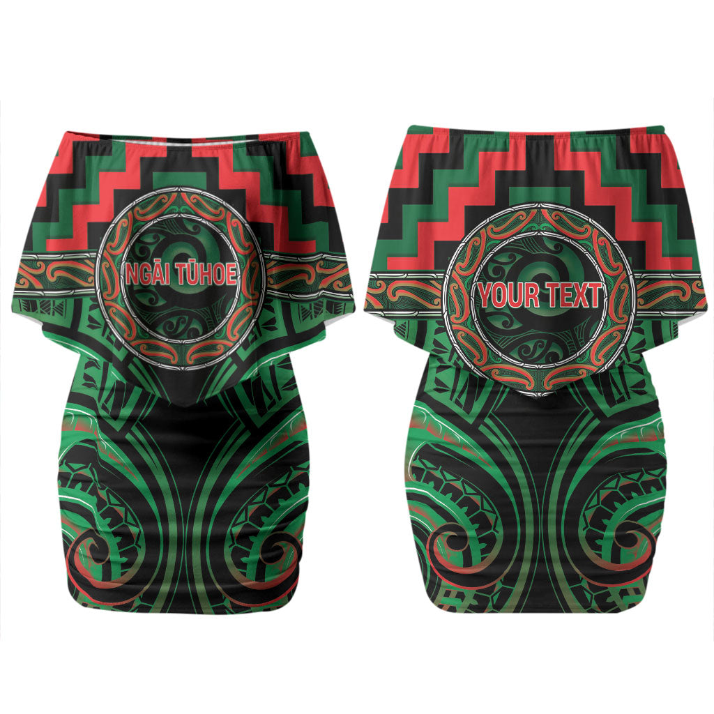 Aotearoa Ngai Tuhoe Personalised Family Matching Off Shoulder Short Dress and Hawaiian Shirt Maori Iwi Poutama Puhoro Tattoo LT14 Mom's Dress Green - Polynesian Pride