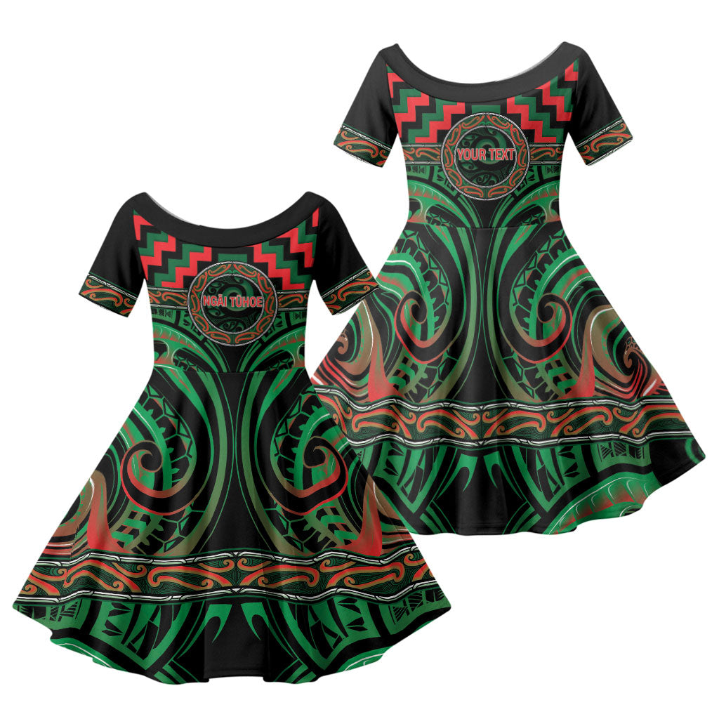 Aotearoa Ngai Tuhoe Personalised Family Matching Short Sleeve Bodycon Dress and Hawaiian Shirt Maori Iwi Poutama Puhoro Tattoo LT14 Daughter's Dress Green - Polynesian Pride