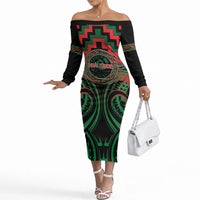 Aotearoa Ngai Tuhoe Personalised Off The Shoulder Long Sleeve Dress Maori Iwi Poutama Puhoro Tattoo LT14 Women Green - Polynesian Pride