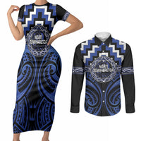Aotearoa Ngati Tuwharetoa Personalised Couples Matching Short Sleeve Bodycon Dress and Long Sleeve Button Shirt Maori Iwi Poutama Puhoro Tattoo LT14 Blue - Polynesian Pride